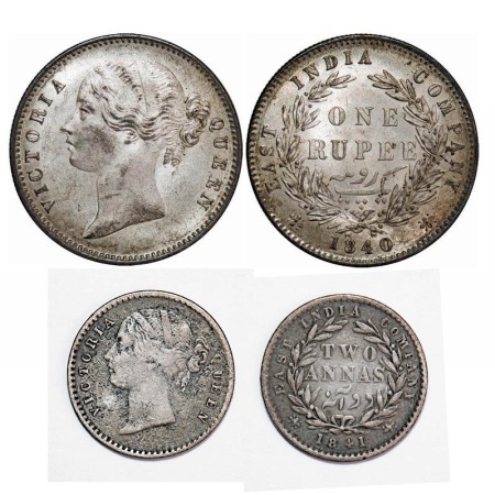 Victoria Queen, Silver, Rupee, 2 Annas, (2 coins), 1840, DL, 1) Calcutta Mint, W.W. raised