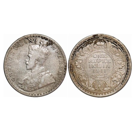 George V, Silver, Rupee, 1911, Calcutta Mint, No dot, Pig-Type. F. Prid 207. GK 1021. Abou