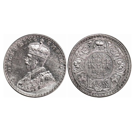 George V, Silver, Rupee, 1911, Bombay Mint, Dot, Pig-Type, Raised initials 'B M' Bertram M