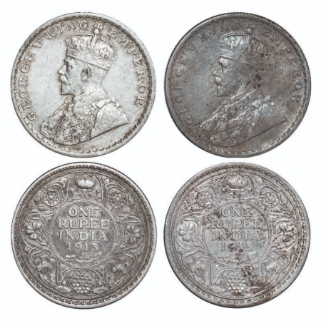 George V, Silver, Rupee, (2 coins), 1913, 1915, Calcutta Mint, No dot. F. Prid 209, 211. G