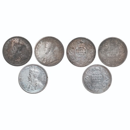 George V, Silver, Rupee, (3 coins), 1913, 1915(2), Calcutta Mint, No dot. F. Prid 209, 211
