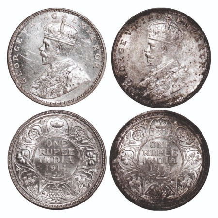 George V, Silver, Rupee, (2 coins), 1914, 1) Calcutta Mint, No dot, 2) Bombay Mint, Dot. F