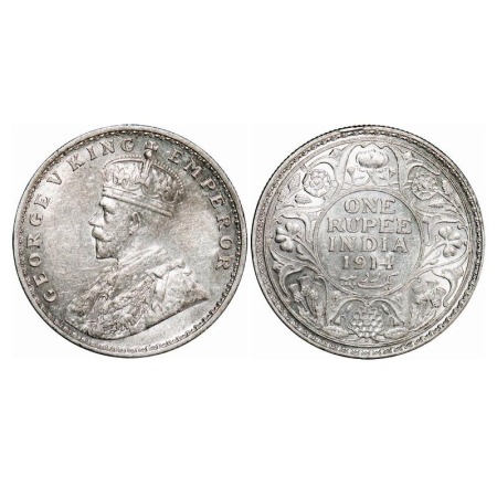 George V, Silver, Rupee, 1914, Bombay Mint, Dot. F. Prid 220. GK 1030. Uncirculated. Scarc