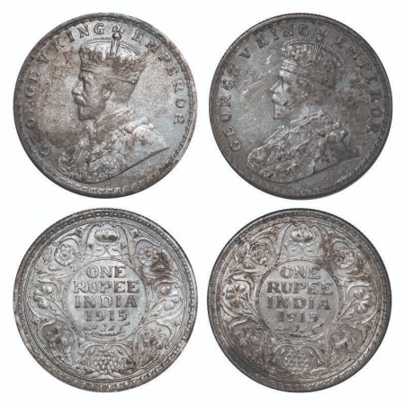 George V, Silver, Rupee, (2 coins), 1915, 1) Calcutta Mint, No dot, 2) Bombay Mint, Dot. F