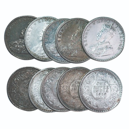 George V, Silver, Rupee, (lot of 5 coins), 1) 1915, Calcutta Mint, No dot, 2) 1916, Bombay
