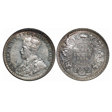 George V, Silver, Rupee, 1916, Calcutta Mint, No dot, Raised initials 'B M' Bertram Macken