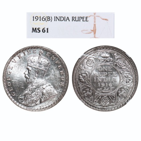 George V, Silver, Rupee, 1916, Bombay Mint, Dot. F. Prid 222. GK 1034. NGC Slabbed MS 61. 