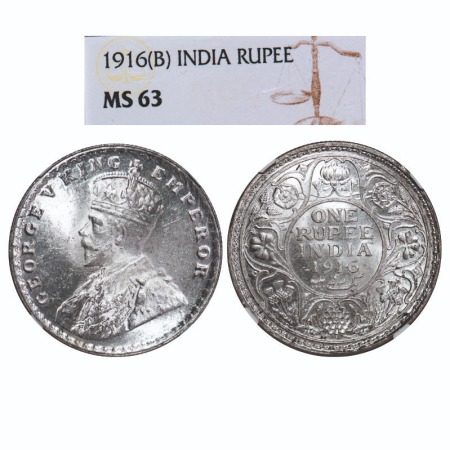 George V, Silver, Rupee, 1916, Bombay Mint, Dot. F. Prid 222. GK 1034. NGC Slabbed MS 63. 