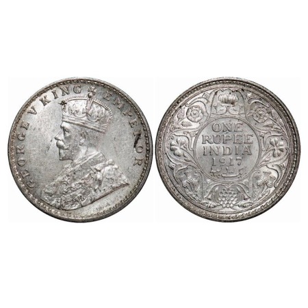 George V, Silver, Rupee, 1917, Calcutta Mint, No dot, Raised initials 'B M' Bertram Macken