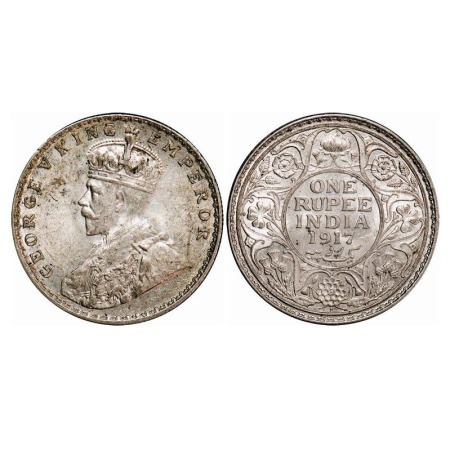 George V, Silver, Rupee, 1917, Bombay Mint, Dot. F. Prid 223. GK 1036. Uncirculated. Scarc