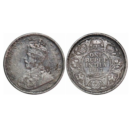 George V, Silver, Rupee, 1917, Bombay Mint, Dot, Error, Crudish lettering on Obv, Few alph