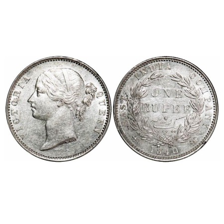 Victoria Queen, Silver, Rupee, 1840, DL, Madras Mint, W.W. 'R' raised, Wreath with 28 Berr