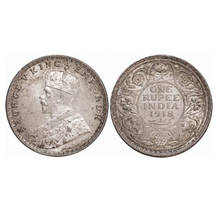 George V, Silver, Rupee, 1918, Calcutta Mint, No dot, Raised initials 'B M' Bertram Macken
