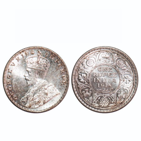 George V, Silver, Rupee, 1918, Bombay Mint, Dot. F. Prid. 224. GK 1038. Brilliant Uncircul