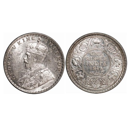 George V, Silver, Rupee, 1918, Bombay Mint, Dot, Complete skull ghost on Rev, alphabate 'R