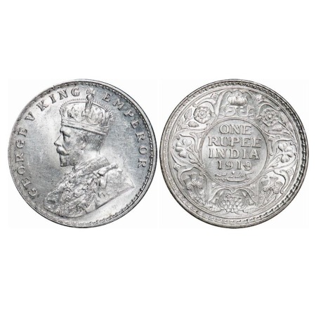 George V, Silver, Rupee, 1919, Calcutta Mint, No dot, Ghost on Rev. F. Prid 215. GK 1039. 