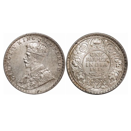 George V, Silver, Rupee, 1919, Calcutta Mint, No dot. F. Prid 215. GK 1039. Uncirculated. 