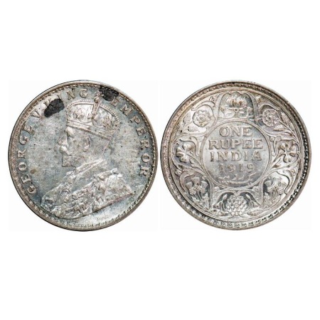 George V, Silver, Rupee, 1919, Calcutta Mint, No dot, die rotation on Rev. F. Prid 215. GK