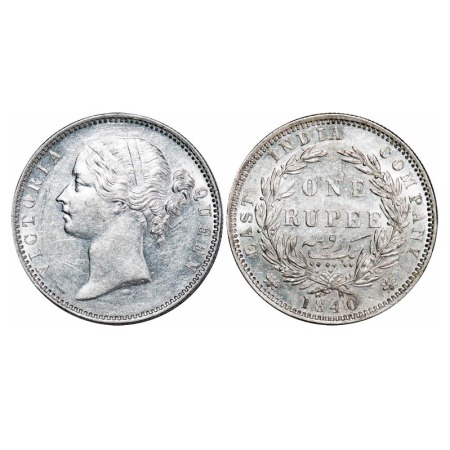 Victoria Queen, Silver, Rupee, 1840, DL, Madras Mint, W.W. 'B' raised, Wreath with 28 Berr