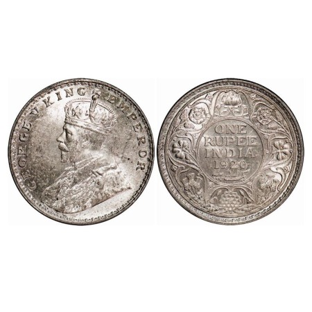 George V, Silver, Rupee, 1920, Bombay Mint, Dot, Raised initials 'B M' Bertram Mackennal o
