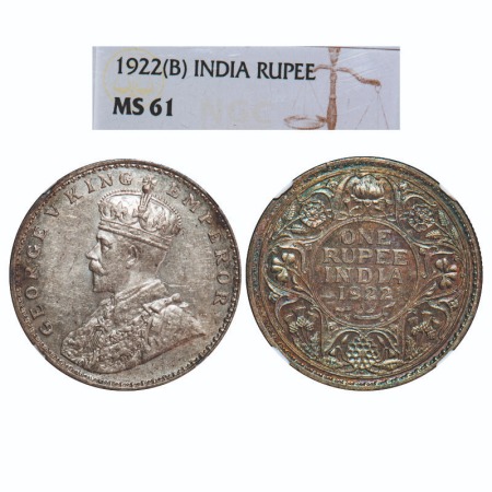 George V, Silver, Rupee, 1922, Bombay Mint, Dot. F. Prid 228. GK 1044. NGC Slabbed MS 61. 