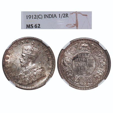 George V, Silver, Half Rupee, 1912, Calcutta Mint, No dot, Re-Drawn Elephant. F. Prid 319.