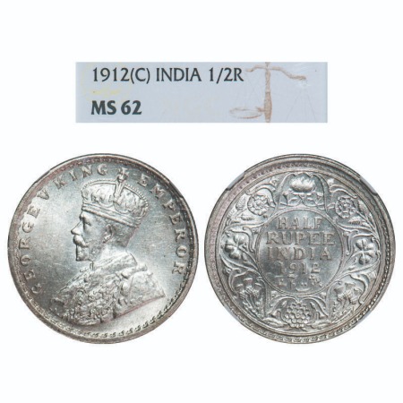 George V, Silver, Half Rupee, 1912, Calcutta Mint, No dot, Re-Drawn Elephant. F. Prid 319.