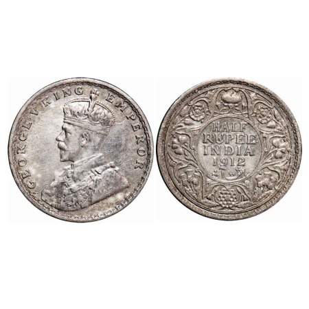 George V, Silver, Half Rupee, 1912, Bombay Mint, Dot, Re-Drawn Elephant. F. Prid 336. GK 1