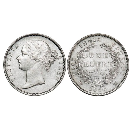 Victoria Queen, Silver, Rupee, 1840, DL, Madras Mint, W.W. 'S' raised, Wreath with 28 Berr