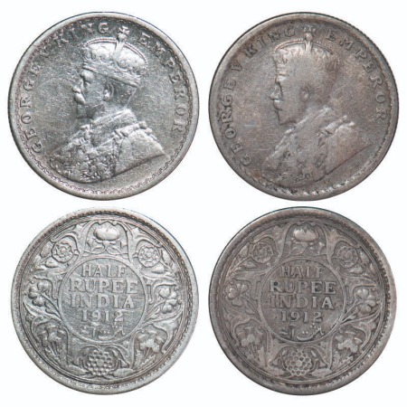 George V, Silver, Half Rupee, (2 coins), 1912, 1) Calcutta Mint, No dot, 2) Bombay Mint, D