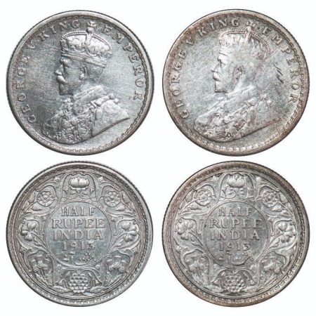 George V, Silver, Half Rupee, (2 coins), 1913, 1) Calcutta Mint, No dot, 2) Bombay Mint, D