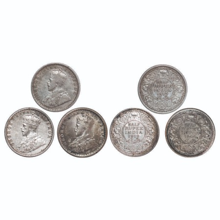 George V, Silver, Half Ruppe, (3 coins), 1) 1913, Calcutta Mint, No dot, 2) 1919, Bombay M