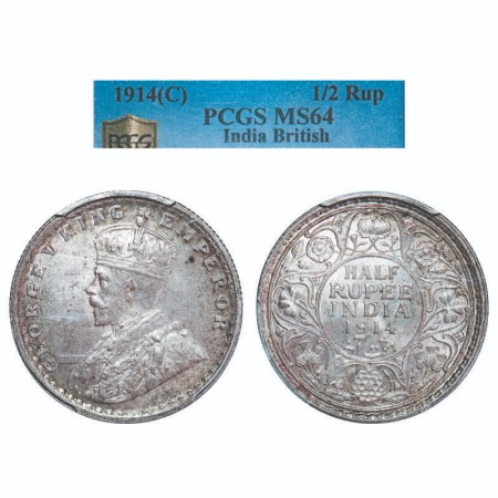 George V, Silver, Half Rupee, 1914, Calcutta Mint, No dot. F. Prid 321. GK 1050. PCGS Salb