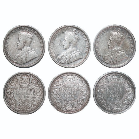 George V, Silver, Half Rupee, (3 coins), 1) 1914, Bombay Mint, Dot, 2) 1919, Bombay Mint, 