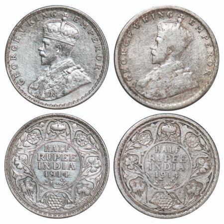 George V, Silver, Half Rupee, (2 coins), 1914, 1) Calcutta Mint, No dot, 2) Bombay Mint, D