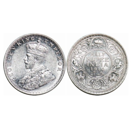 George V, Silver, Half Rupee, 1914, Bombay Mint, Dot. F. Prid 338. GK 1051. Brilliant Unci
