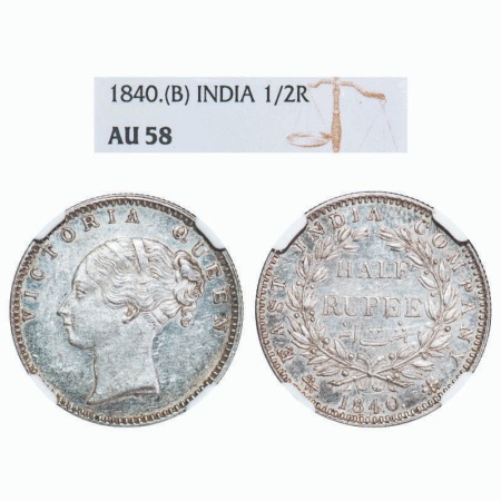 Victoria Queen, Silver, Half Rupee, 1840, CL, Bombay Mint, A/I, English Head, wreath with 