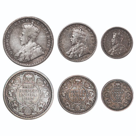 George V, Silver, 1915, (3 coins), 1) Half Rupee, Calcutta Mint, No dot, 2) 1/4 Rupee, Bom