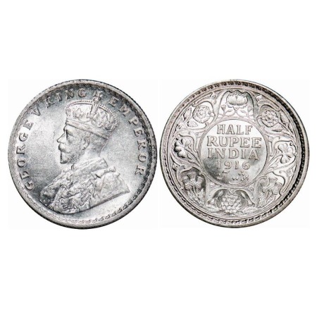 George V, Silver, Half Rupee, 1916, Calcutta Mint, No dot. F. Prid 323. GK 1053. Mint Grad