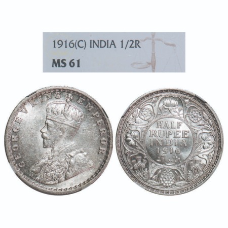 George V, Silver, Half Rupee, 1916, Calcutta Mint, No dot, Elephant. F. Prid 323. GK 1053.