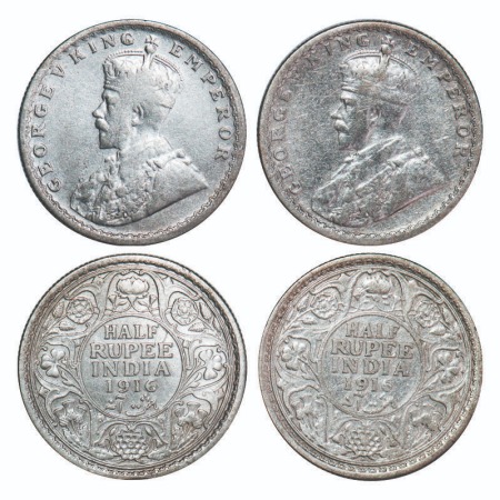 George V, Silver, Half Rupee, (2 coins), 1916, 1) Calcutta Mint, No dot, 2) Bombay Mint, D