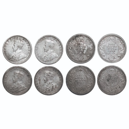 George V, Silver, Half Rupee, (4 coins), 1) 1916, Calcutta Mint, No dot, 2) 1917, Bombay M