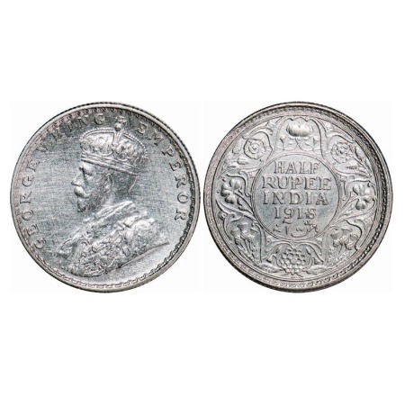 George V, Silver, Half Rupee, 1918, Bombay Mint, Dot, Elephant, Dual mint mark, Large and 
