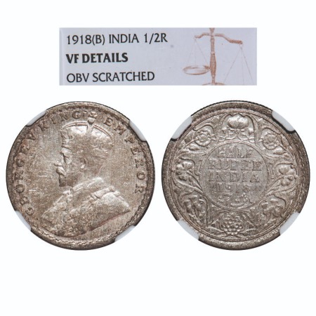 George V, Silver, Half Rupee, 1918, Bombay Mint, Dot. F. Prid 342. GK 1056. NGC Slabbed VF