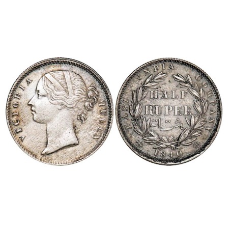 Victoria Queen, Silver, Half Rupee, 1840, DL, Calcutta Mint, W.W. incused, Wreath with 24 