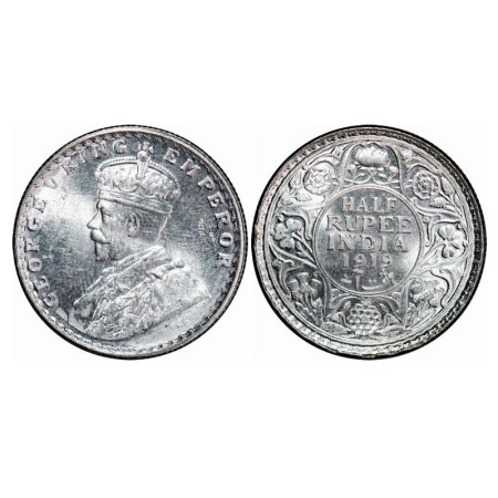George V, Silver, Half Rupee, 1919, Bombay Mint, No dot. F. Prid 343. GK 1057. Brilliant U