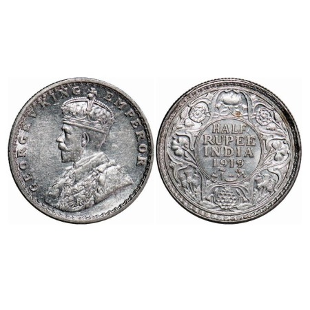 George V, Silver, Half Rupee, 1919, Bombay Mint, Dot, Ghost on Rev. F. Prid 343. GK 1057. 