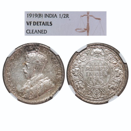 George V, Silver, Half Rupee, 1919, Bombay Mint, Dot. F. Prid 343. GK 1057. NGC Slabbed VF