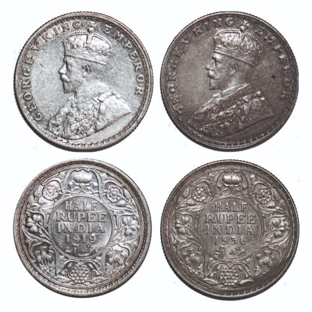 George V, Silver, Half Rupee, (2 coins), 1919, 1936, Bombay Mint, Dot. F. Prid 343, 350. G