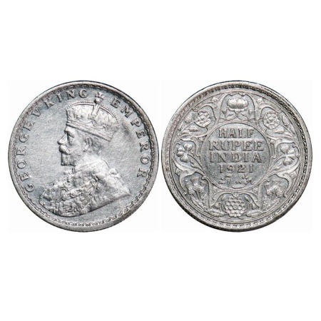 George V, Silver, Half Rupee, 1921, Calcutta Mint, No dot, Elephant. F. Prid 324. GK 1058.